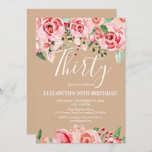 Blush Pink Floral Watercolor Flower Birthday Invitation