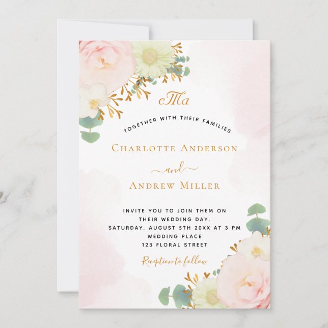 Blush pink floral watercolor gold monogram wedding (Front)