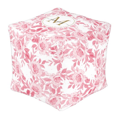 Blush Pink Floral Watercolor Gold Monogrammed Pouf