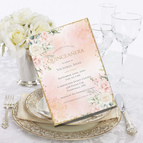 Blush Pink Floral Watercolor Gold Quinceaera Invitation