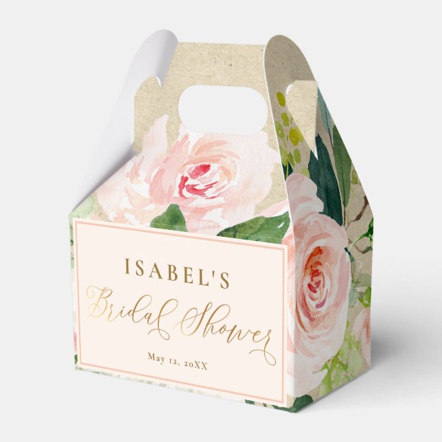 Blush Pink Floral Watercolor & Kraft Bridal Shower Favor Boxes (Front Side)