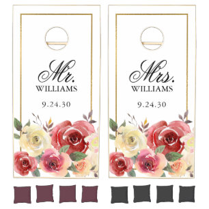 Blush Pink Floral Watercolor Mr. Mrs. Wedding Cornhole Set