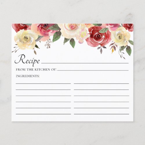 Blush Pink Floral Watercolor Recipe Card