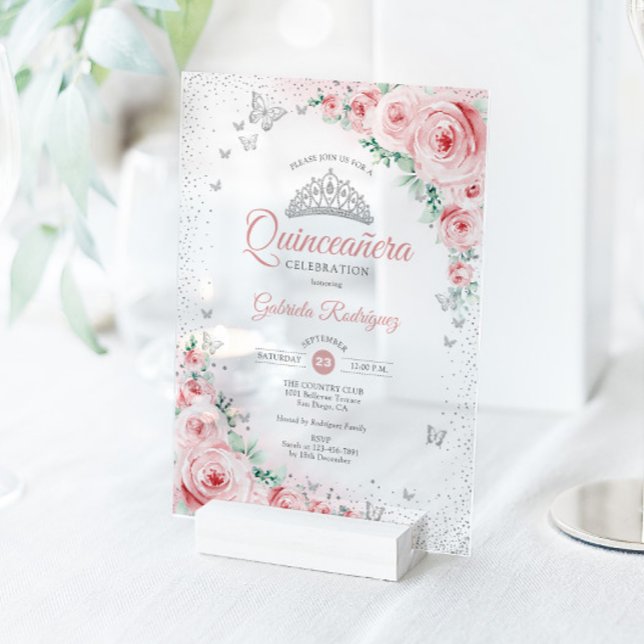 Blush Pink Floral Watercolor Roses Quinceanera Acrylic Invitations (Creator Uploaded)