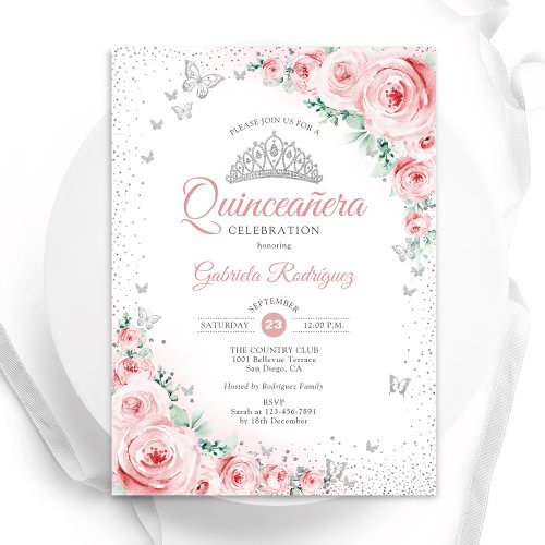 Blush Pink Floral Watercolor Roses Quinceanera Invitation