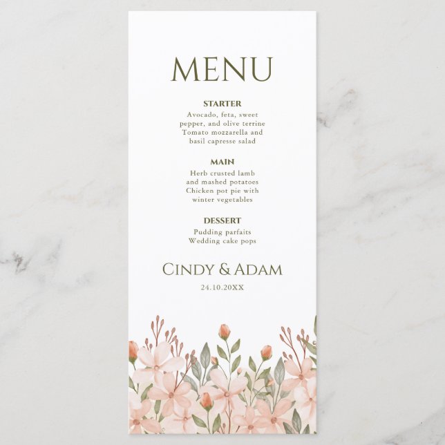 Blush Pink Floral Watercolor Wedding  Menu (Front)