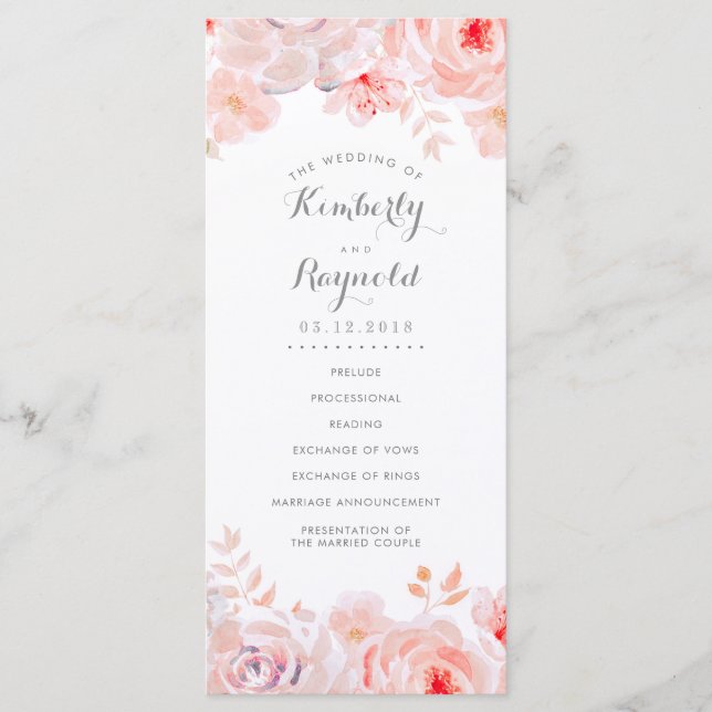 Blush Pink Floral Watercolor Wedding Programs (Front)