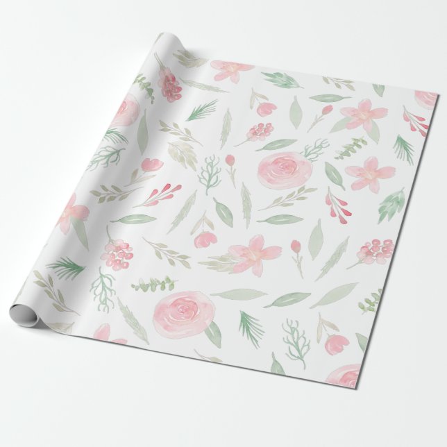 Blush Pink Floral Watercolor Wrapping Paper (Unrolled)