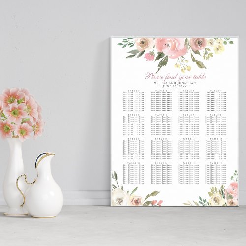 Blush Pink Floral Wedding 16 Table Seating Chart