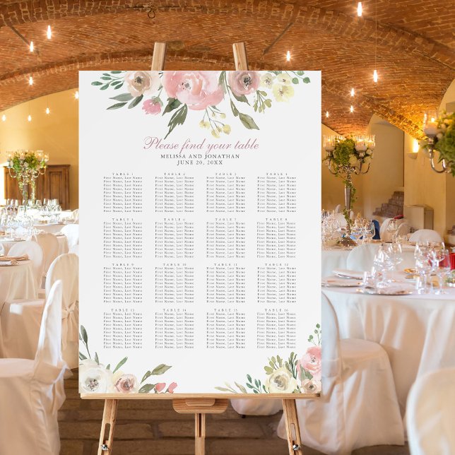 Blush Pink Floral Wedding 16 Table Seating Chart Foam Board (Creator Uploaded)