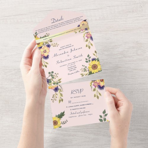 Blush Pink Floral Wedding All In One Invitation