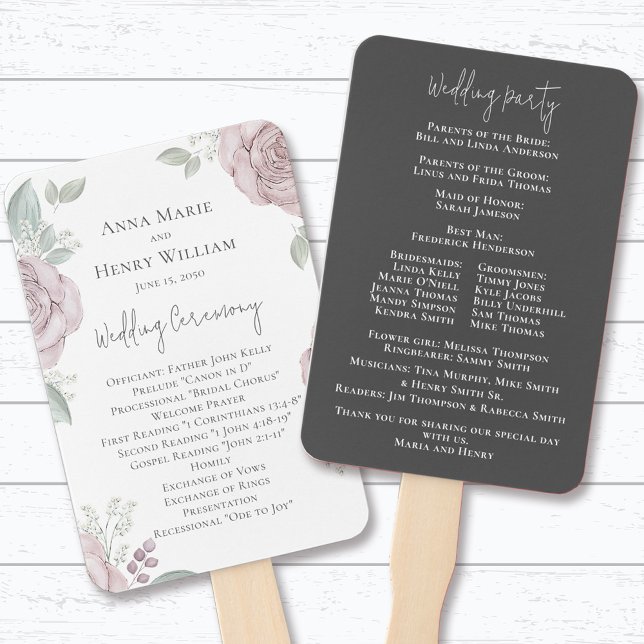 Blush Pink Floral Wedding Ceremony Program Hand Fan (Blush pink floral wedding program fan.)