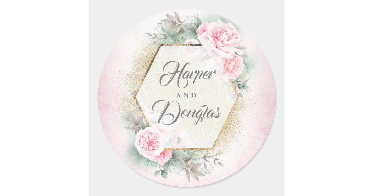 Blush Pink Floral Wedding Classic Round Sticker | Zazzle