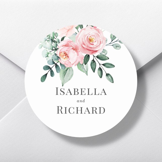 Blush Pink Floral Wedding  Classic Round Sticker (Creator Uploaded)