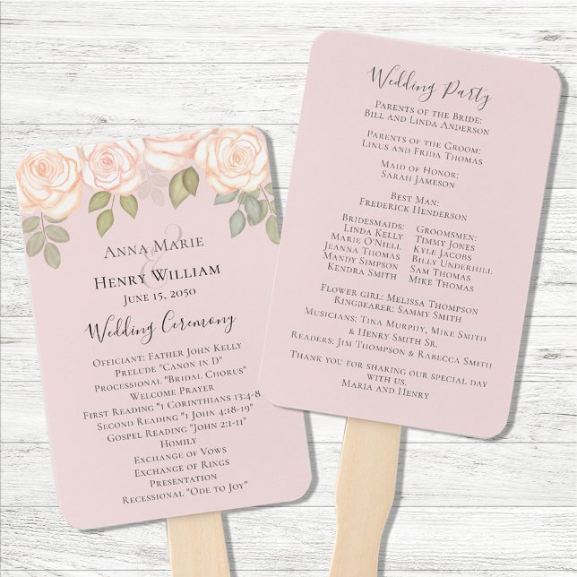 Blush Pink Floral Wedding Custom Program Hand Fan (Blush pink floral wedding ceremony program.)