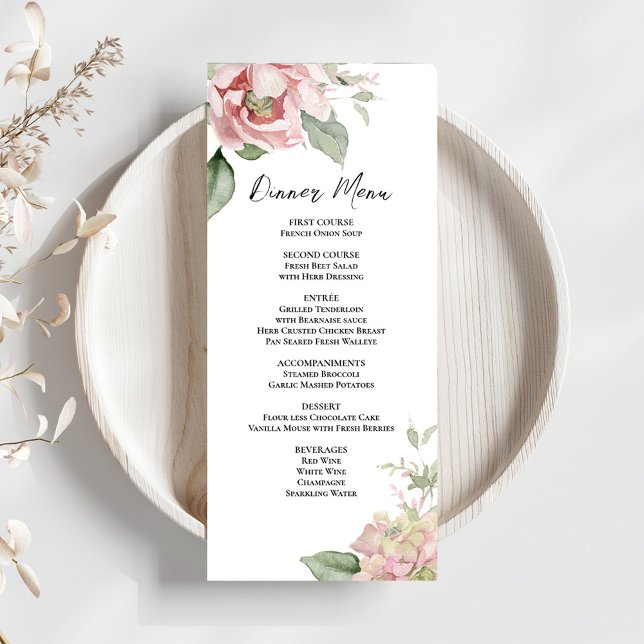 Blush Pink Floral Wedding Dinner Menu (Elegant calligraphy script floral wedding menu card template. )