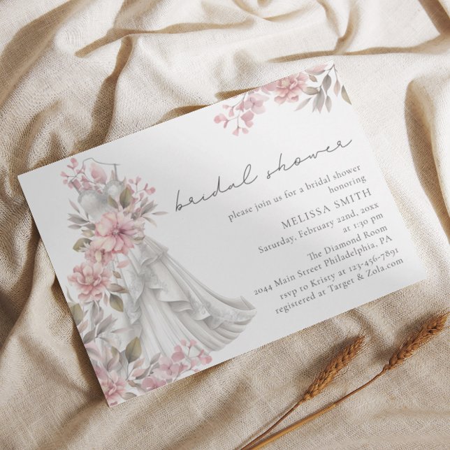 Blush Pink Floral Wedding Dress Bridal Shower Invitation (Creator Uploaded)