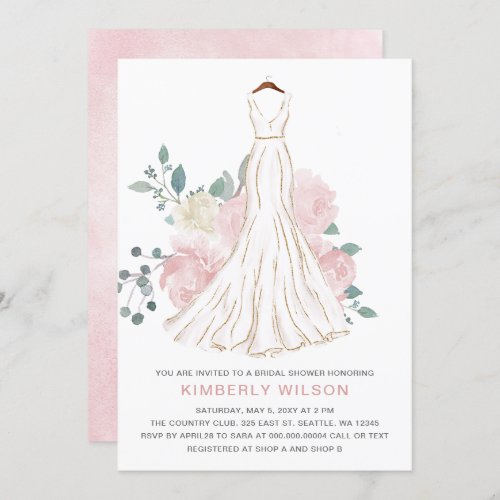 Blush Pink Floral Wedding Dress Bridal Shower Invitation