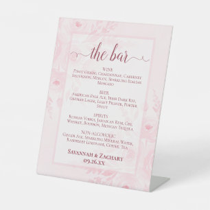 Blush Pink Floral Wedding Drinks or Bar Menu Pedestal Sign