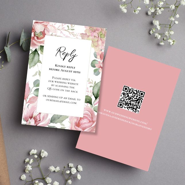 Blush Pink Floral Wedding Elegant RSVP Card (Simply add your URL to the template to generate a scannable QR code. )