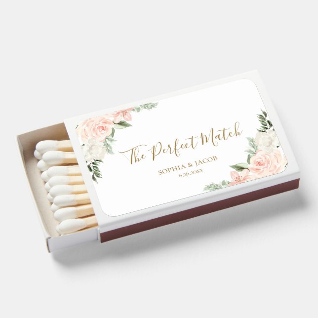 Blush Pink Floral Wedding Favor Matchboxes (Front Open)