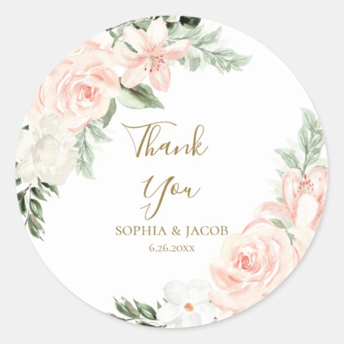 Blush Pink Floral Wedding Favor Thank You Classic Round Sticker