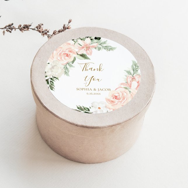 Blush Pink Floral Wedding Favor Thank You Classic Round Sticker (Creator Uploaded)
