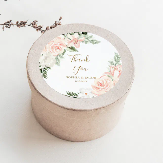 Blush Pink Floral Wedding Favor Thank You Classic Round Sticker | Zazzle