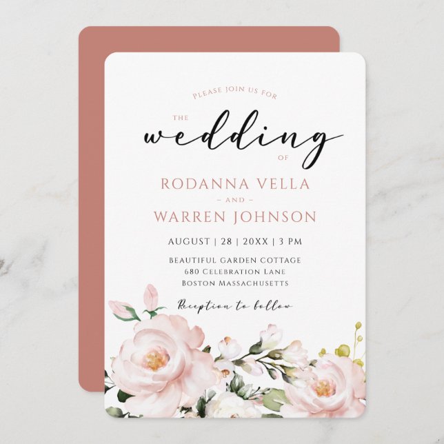 Blush Pink Floral Wedding Invitation (Front/Back)