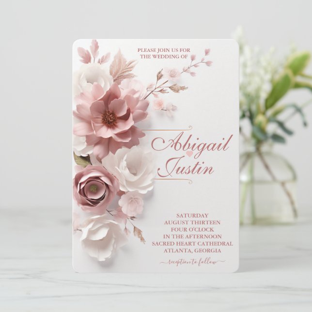 Blush Pink Floral Wedding Invitation White Flowers (Standing Front)