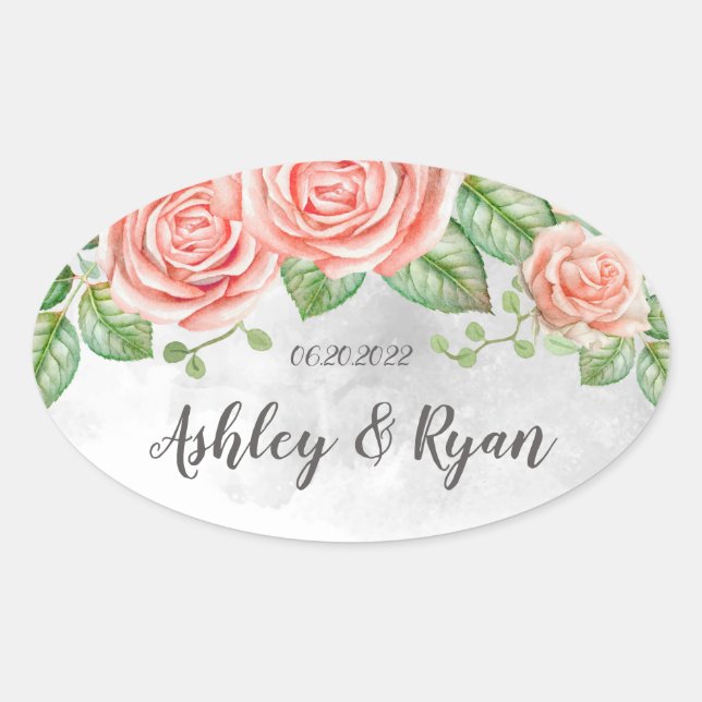 Blush Pink Floral Wedding  Oval Sticker (Front)