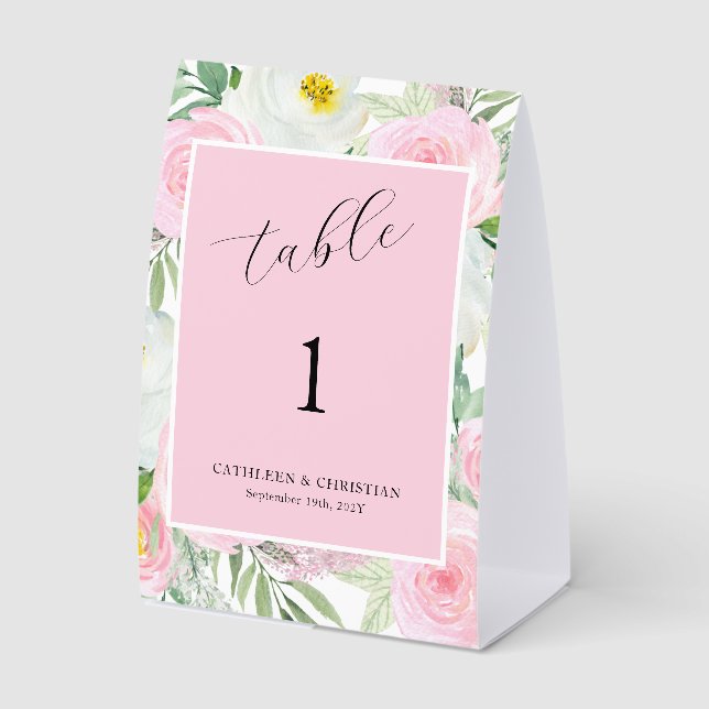 Blush Pink Floral Wedding  Paper Table Tent (Front)