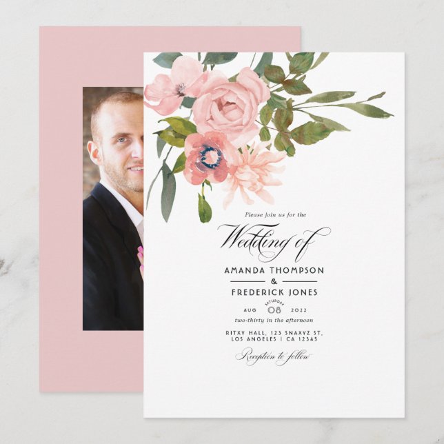 Blush Pink Floral Wedding Photo Invitation (Front/Back)