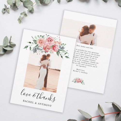 Blush Pink Floral Wedding Photo Love and Thanks Thank You Card