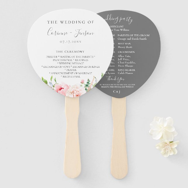 Blush Pink Floral Wedding Program Hand Fans (Front and Back)