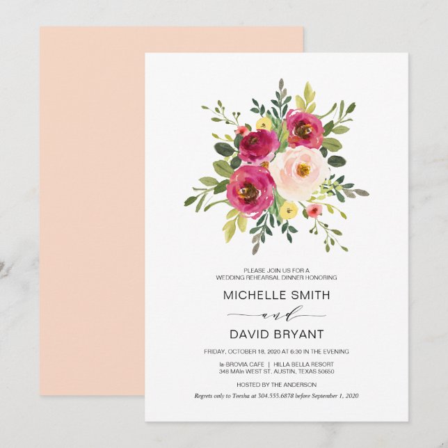 Blush Pink Floral, Wedding Rehearsal Dinner Invitation (Front/Back)