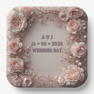 Blush Pink Floral Wedding Romantic Roses Paper Plates