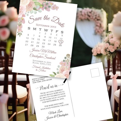 Blush Pink Floral Wedding Save the Date Calendar Announcement Postcard
