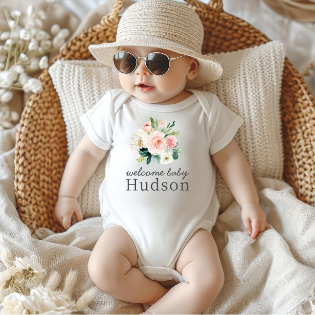 Blush Pink Floral Welcome Baby with Name Baby Bodysuit (Creator Uploaded)