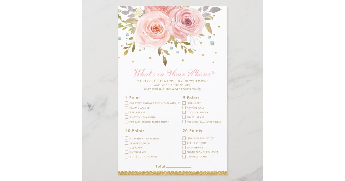Blush Pink Floral What S In Your Phone Shower Game Zazzle Com
