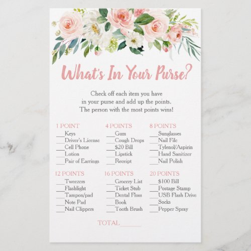 Blush Pink Floral Whats In Your Purse Bridal Game