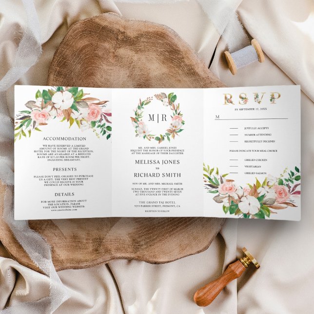 Blush Pink Floral White Magnolia Cotton Wedding Tri-Fold Invitation (Creator Uploaded)