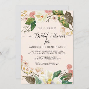 Blush Pink Floral White Magnolia Twig n Foliage Invitation