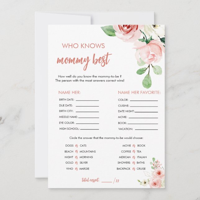 Blush Pink Floral Who Knows Mommy Best Game Card (Front)