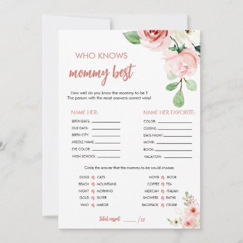 Blush Pink Floral Who Knows Mommy Best Game Card