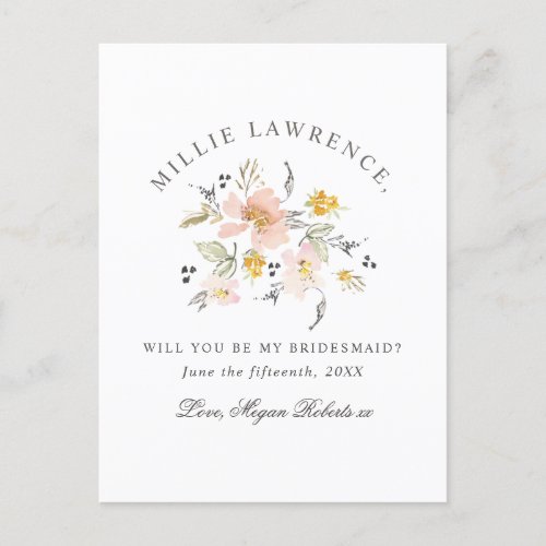 Blush Pink Floral Will You Be My Bridesmaid Photo Invitation Postcard
