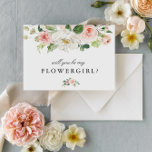 Blush pink floral will you be my flower girl card<br><div class="desc">lovely pink blush floral design with elegant black text and beautiful watercolors blush pink flowers. The text and colors can be personalized.</div>
