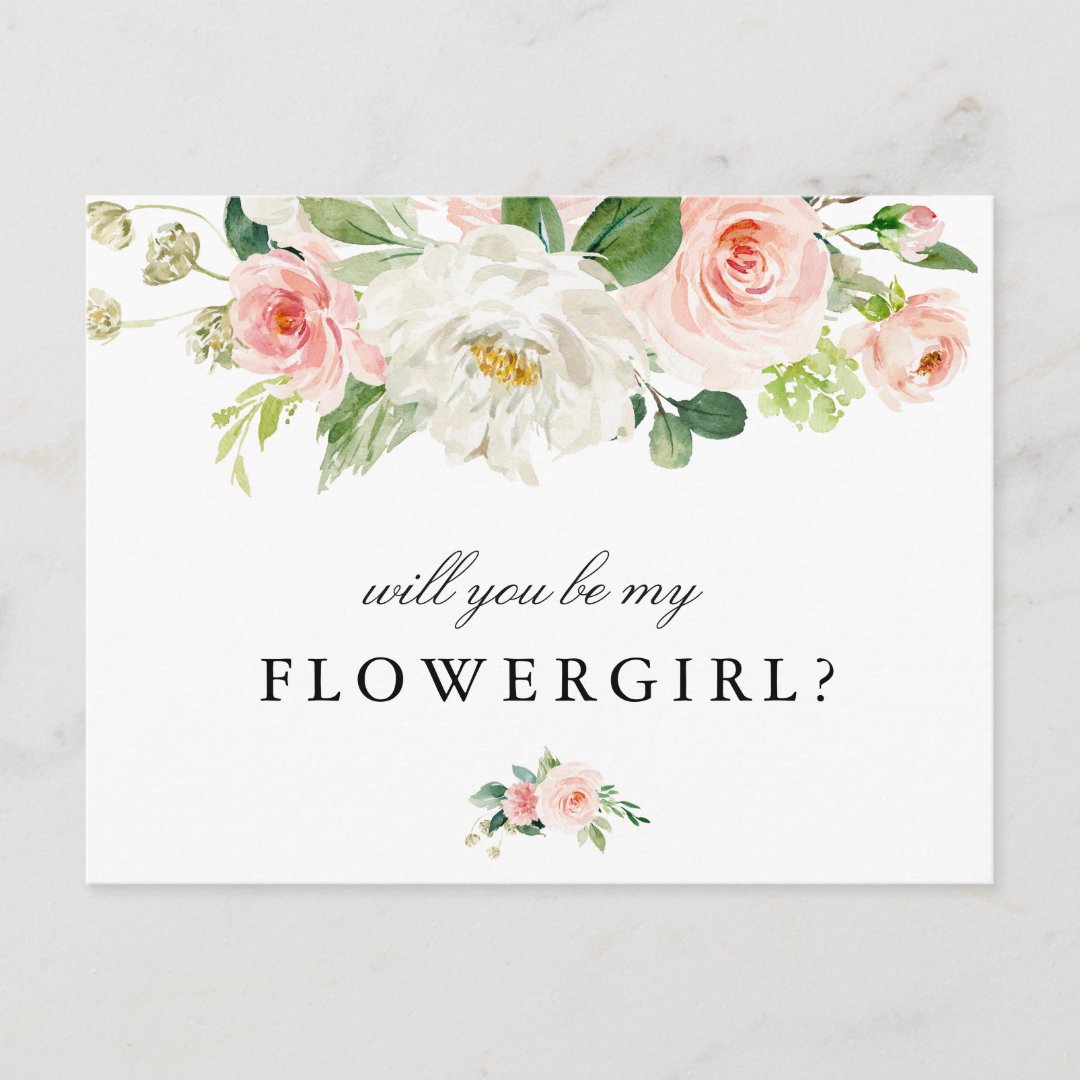 Blush pink floral will you be my flower girl card | Zazzle