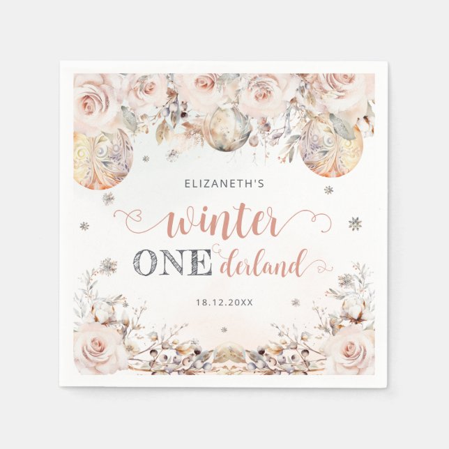 Blush Pink Floral Winter Onederland Girl Birthday Napkins (Front)