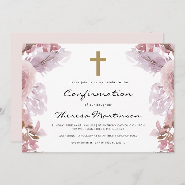Blush Pink Floral with Cross Confirmation Invitation (Front/Back)